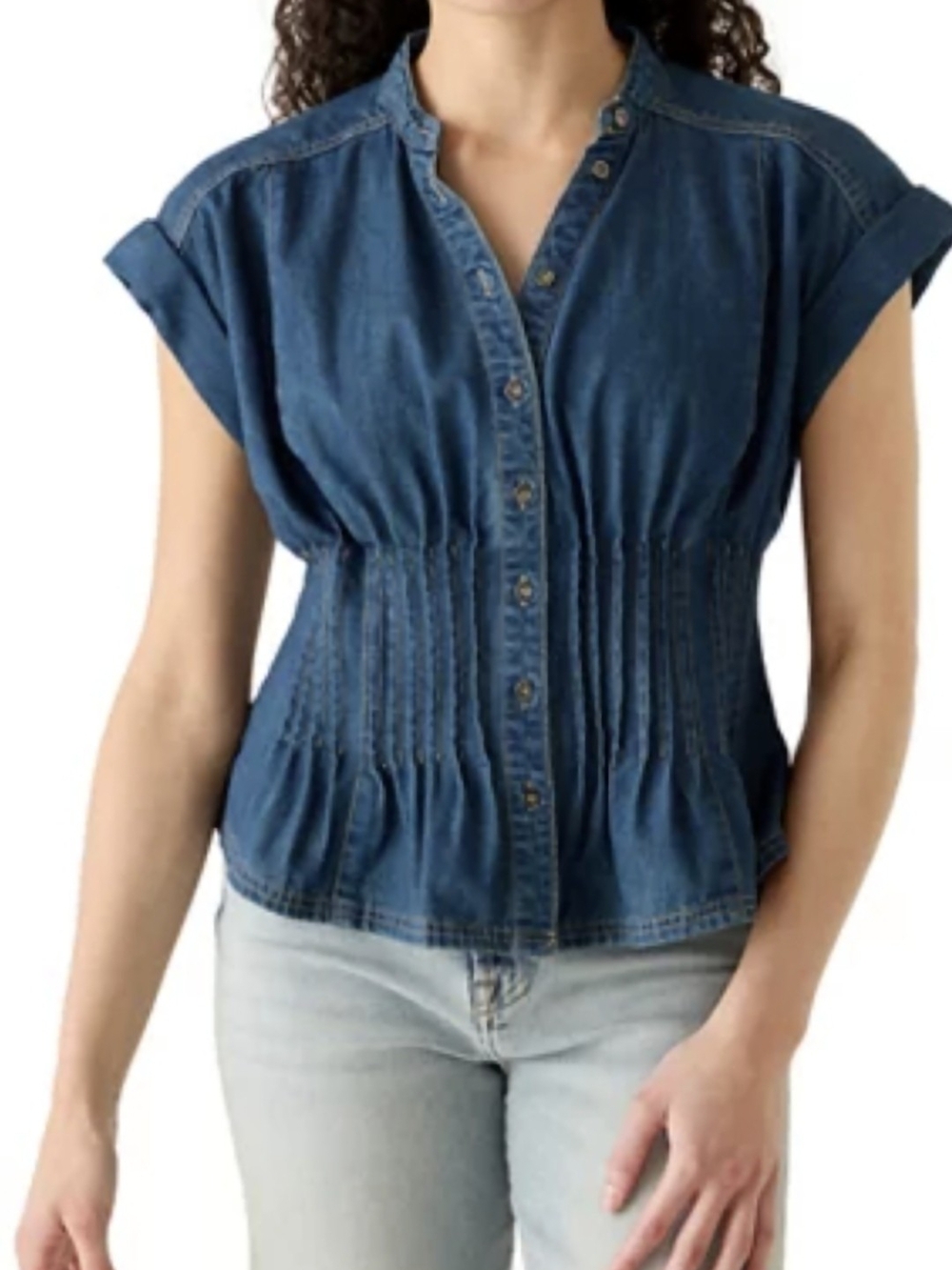 Women's Small Denim Pintuck Button-Down Shirt in Blue Boho Western Cute Trendy